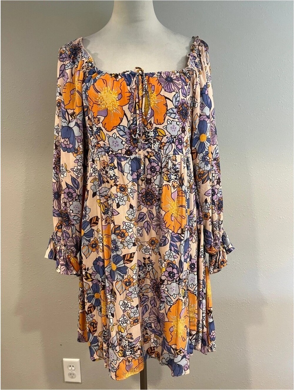 Floral Peasant Mini Dress in Peach & Purple